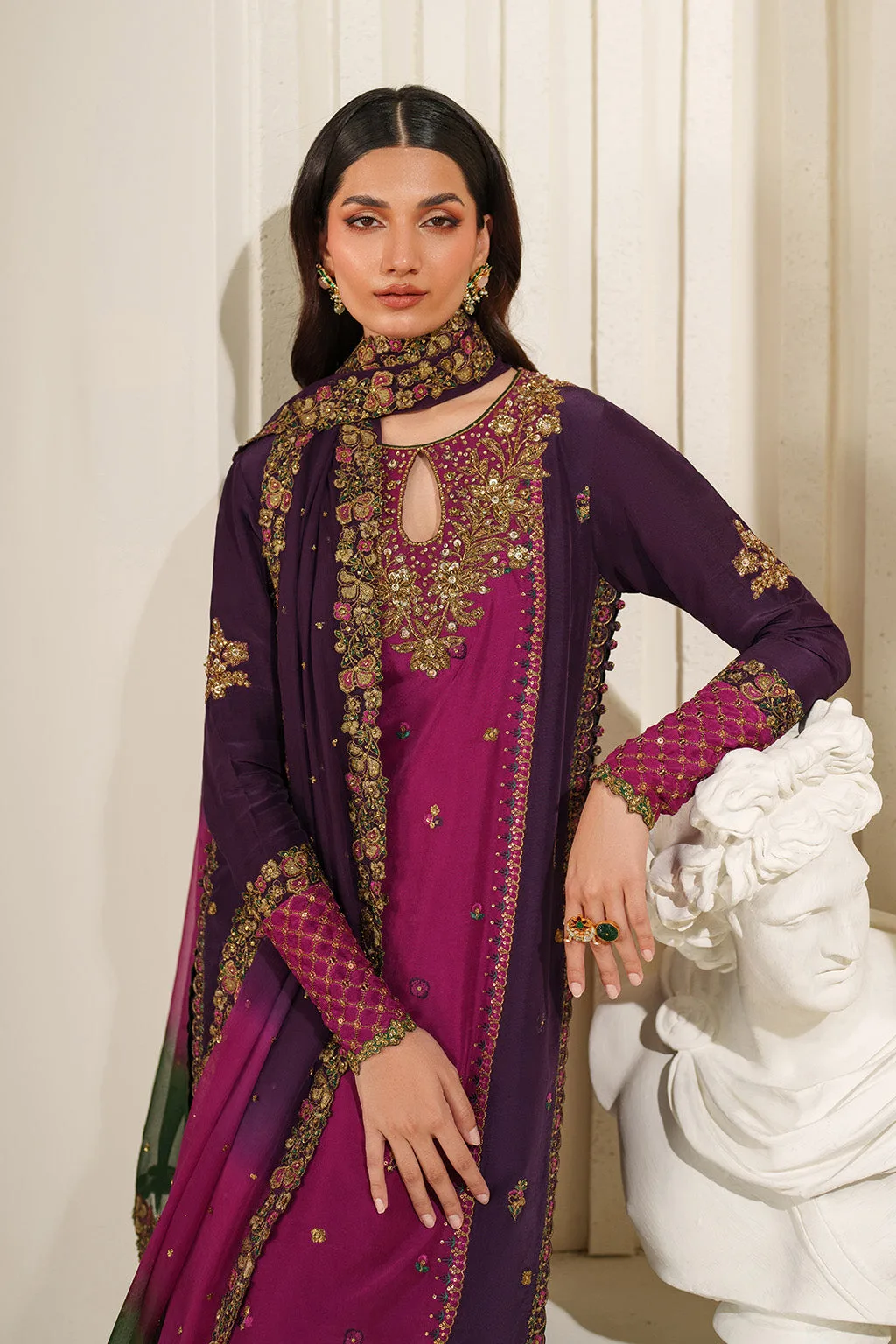 Embroidered formal three‑piece suit in silk, organza and chiffon – view 2 – Poshaq