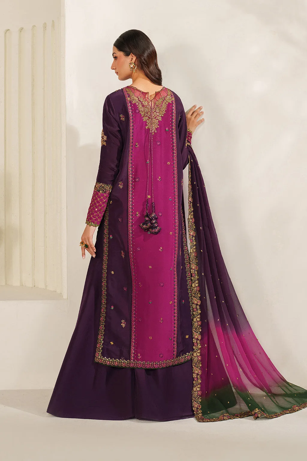 Embroidered formal three‑piece suit in silk, organza and chiffon – view 3 – Poshaq