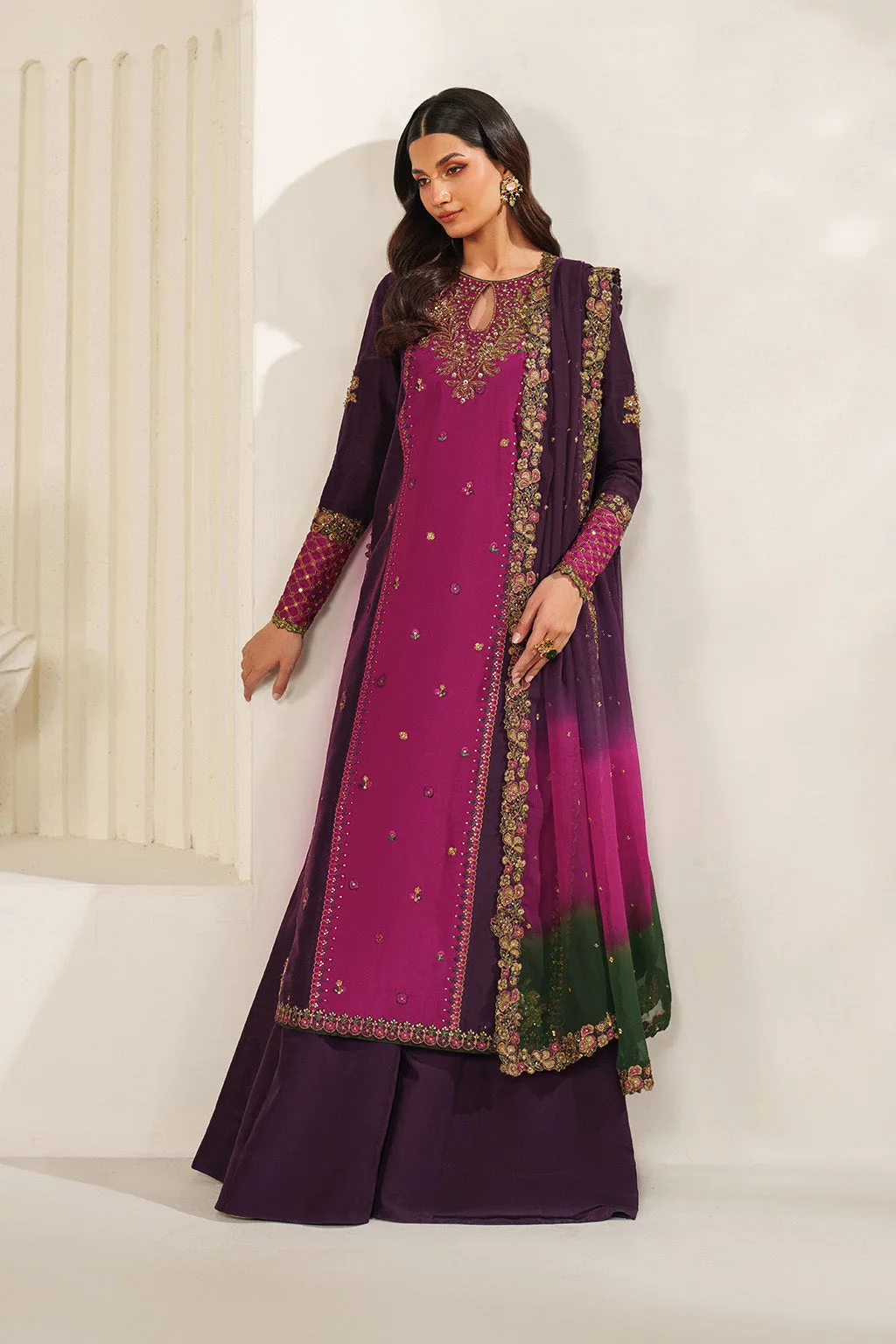 Embroidered formal three‑piece suit in silk, organza and chiffon – view 6 – Poshaq