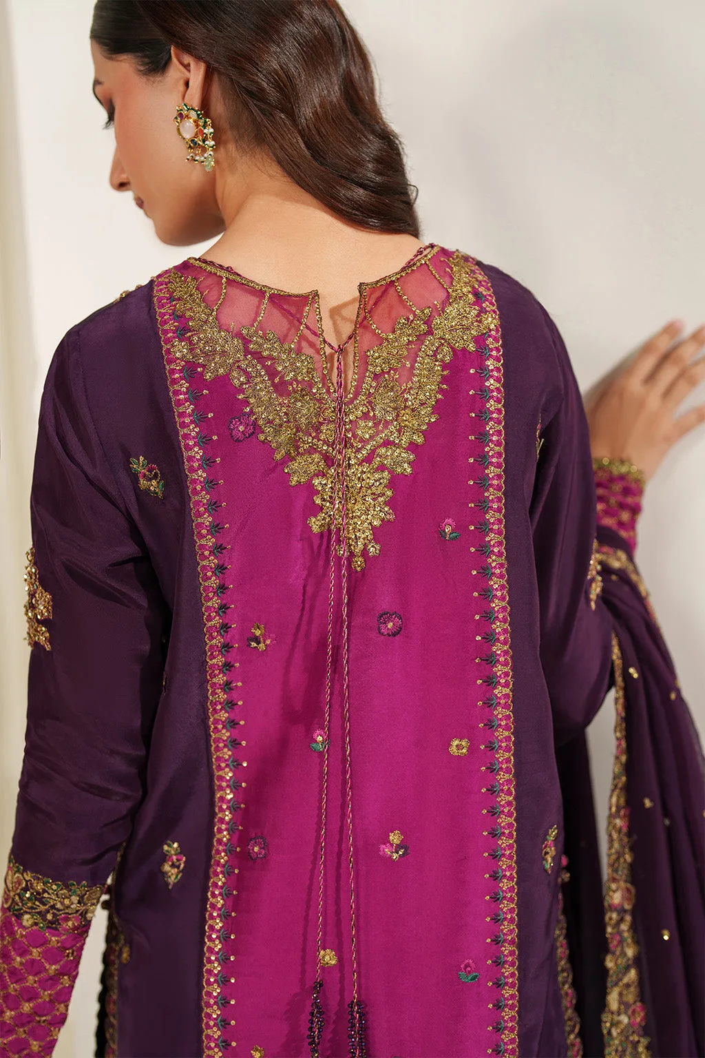 Embroidered formal three‑piece suit in silk, organza and chiffon – view 9 – Poshaq