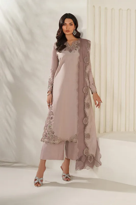 Pink organza and silk formal suit with adda embroidery – view 1 – Poshaq