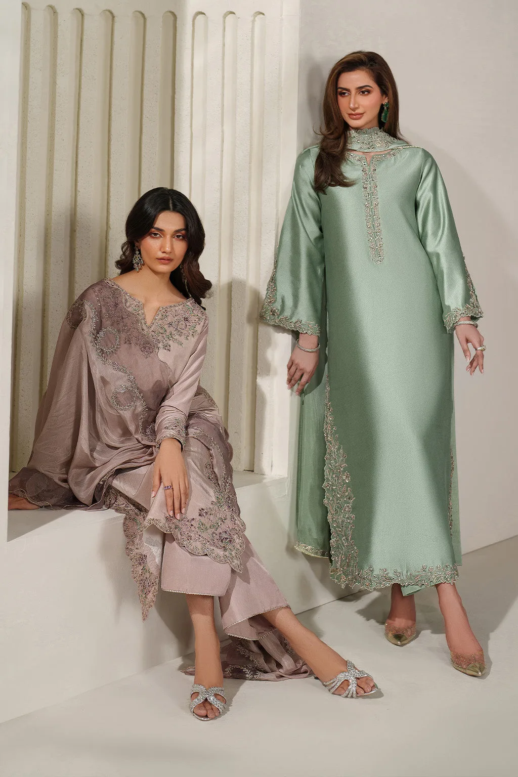 Pink organza and silk formal suit with adda embroidery – view 13 – Poshaq