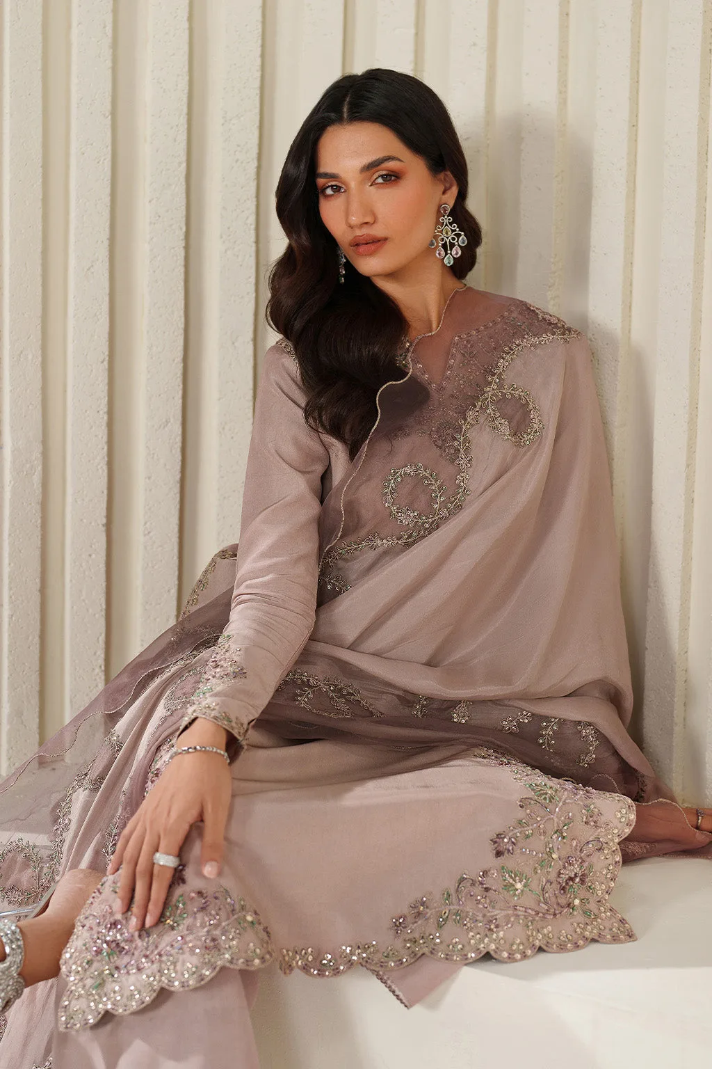 Pink organza and silk formal suit with adda embroidery – view 2 – Poshaq