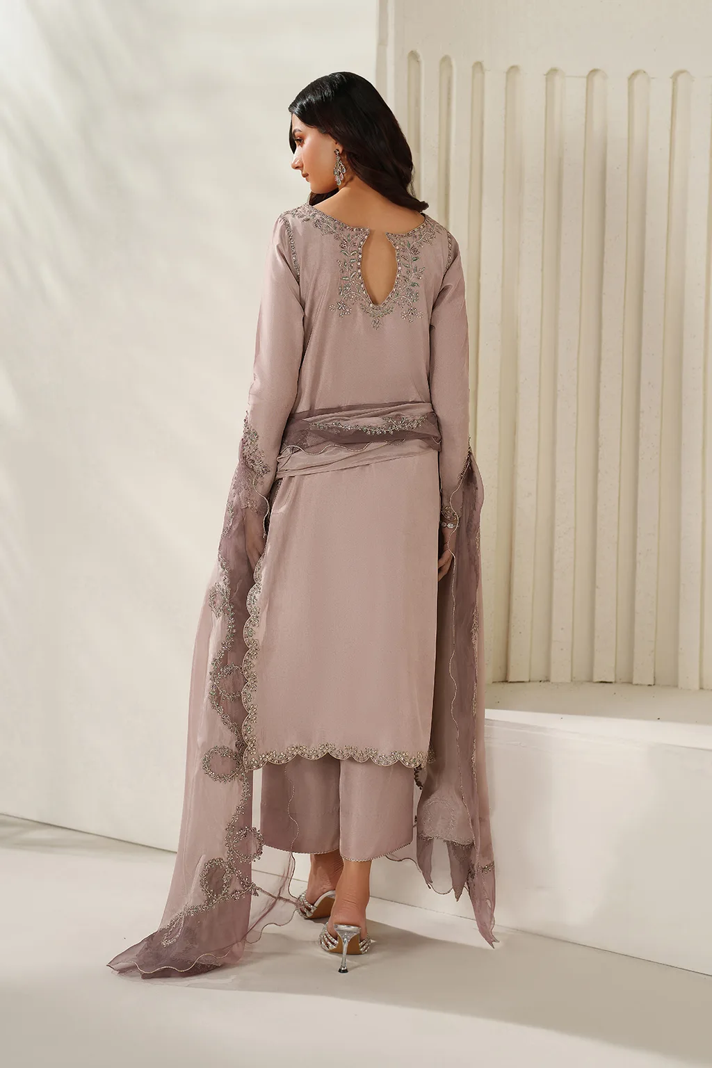 Pink organza and silk formal suit with adda embroidery – view 3 – Poshaq