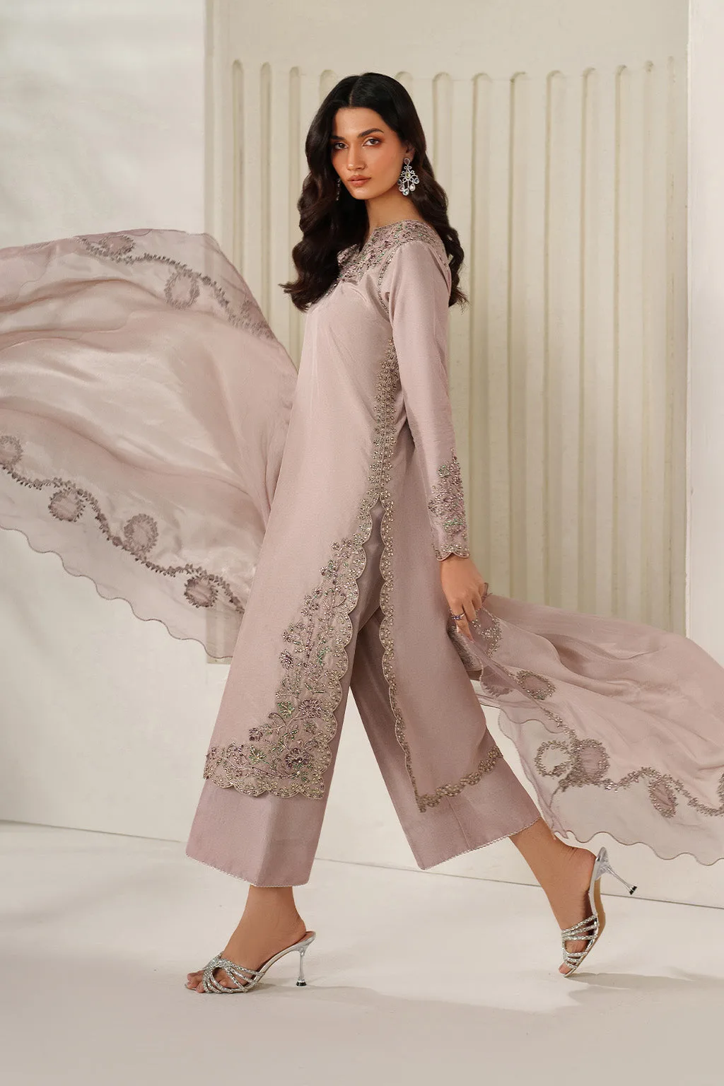 Pink organza and silk formal suit with adda embroidery – view 4 – Poshaq
