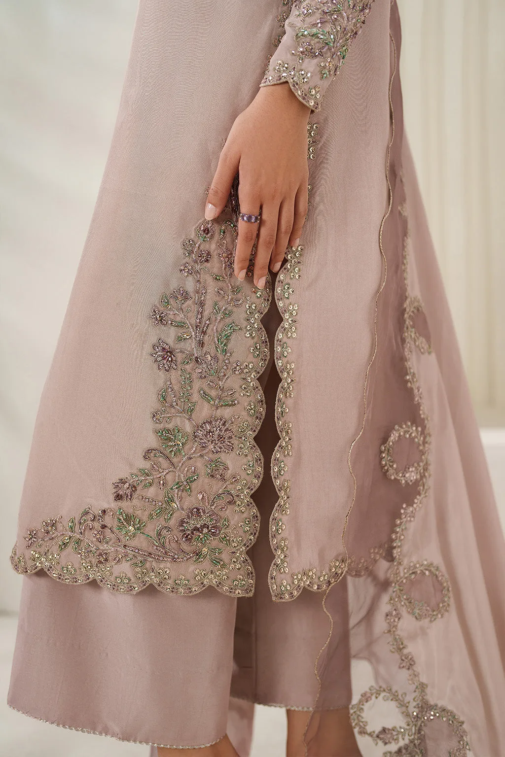 Pink organza and silk formal suit with adda embroidery – view 5 – Poshaq