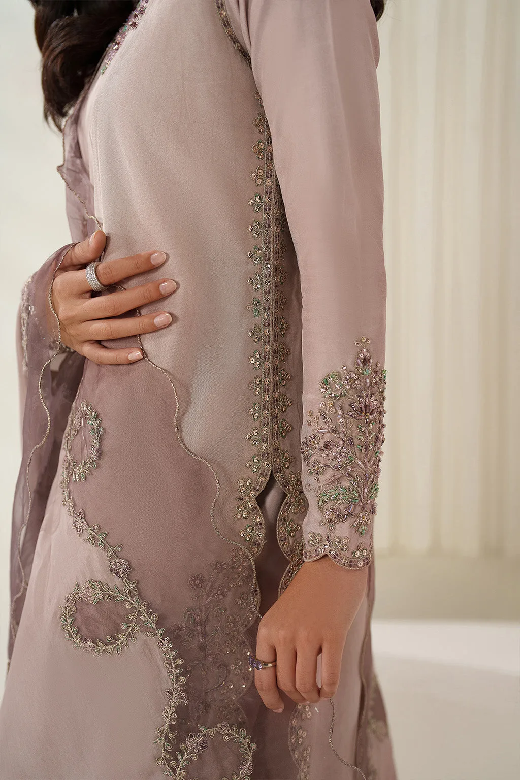 Pink organza and silk formal suit with adda embroidery – view 6 – Poshaq