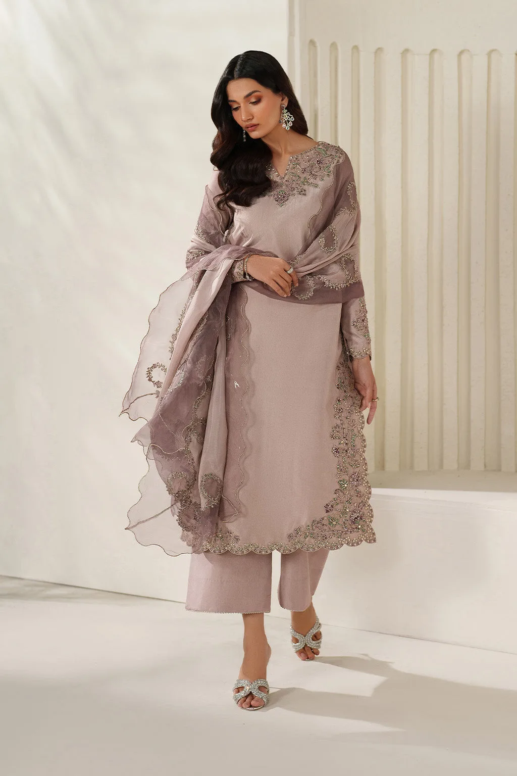 Pink organza and silk formal suit with adda embroidery – view 7 – Poshaq