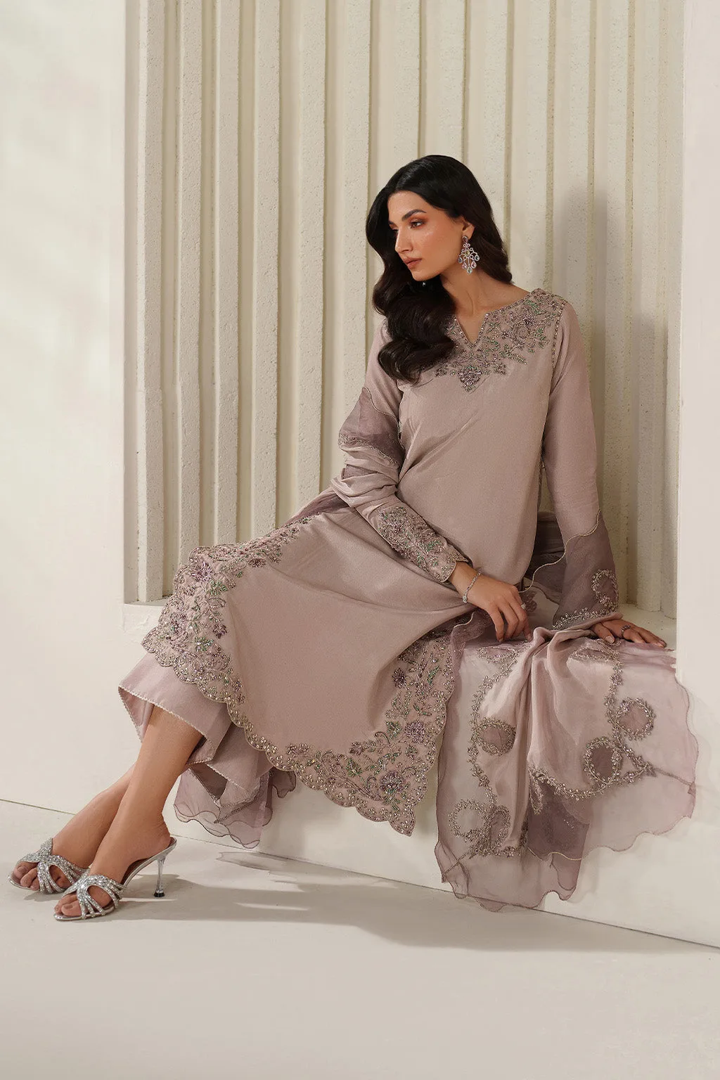 Pink organza and silk formal suit with adda embroidery – view 8 – Poshaq