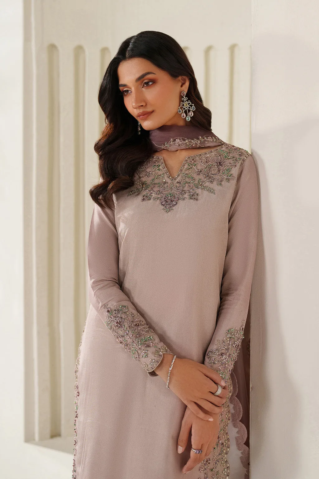 Pink organza and silk formal suit with adda embroidery – view 9 – Poshaq