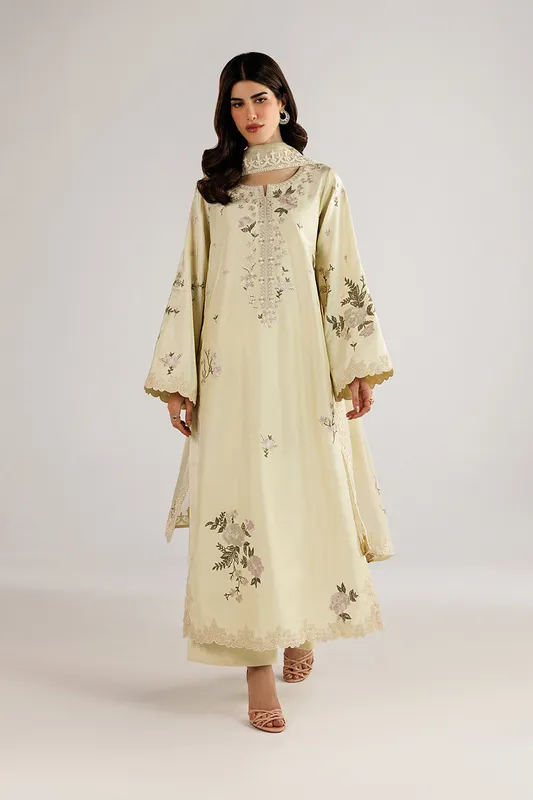 Yellow unstitched formal suit with organza‑trimmed shirt, chiffon dupatta and silk trousers – view 1 – Poshaq