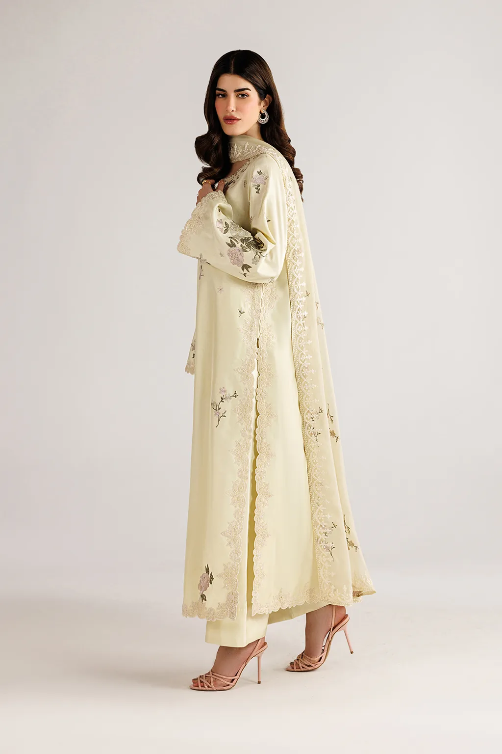 Yellow unstitched formal suit with organza‑trimmed shirt, chiffon dupatta and silk trousers – view 2 – Poshaq