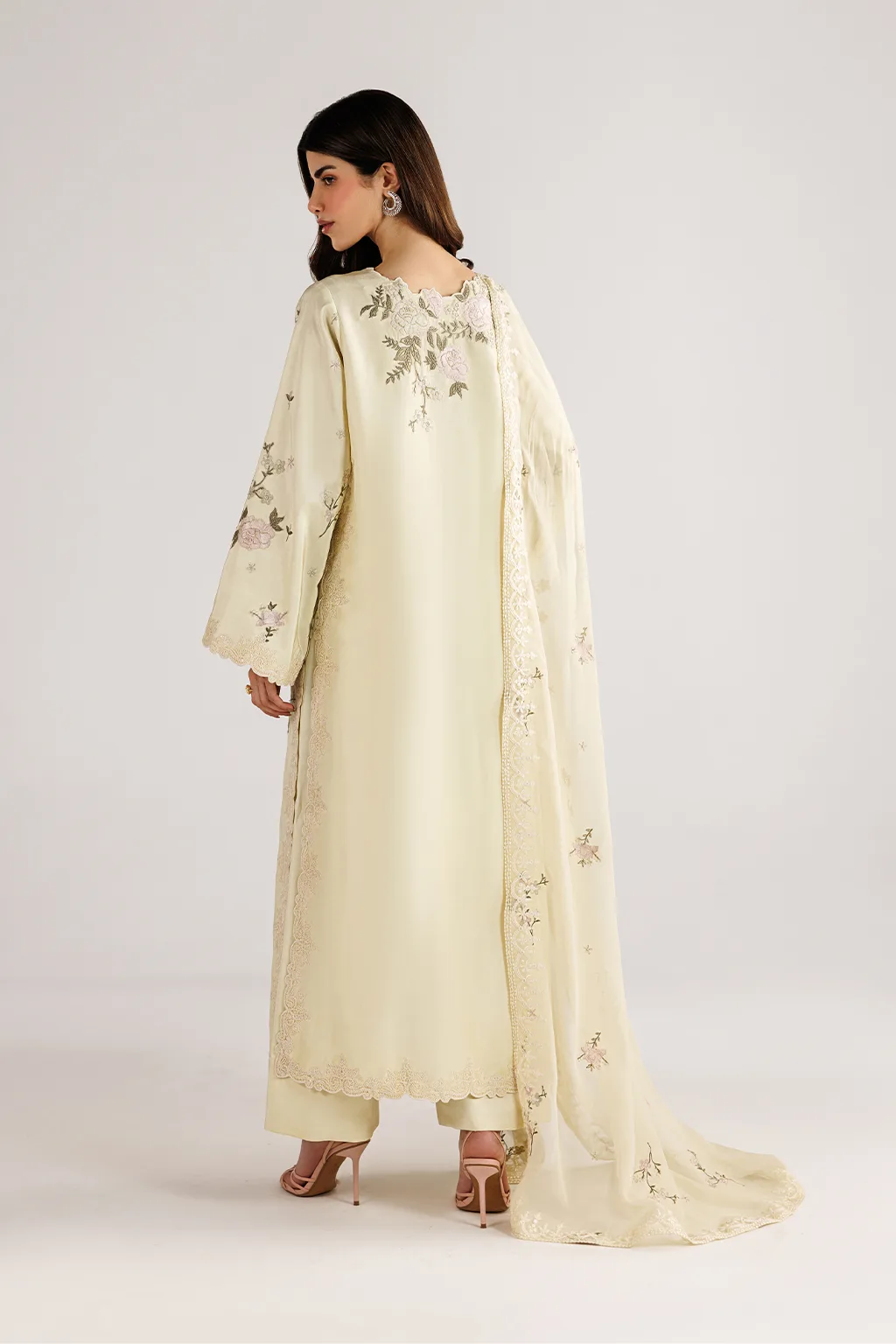 Yellow unstitched formal suit with organza‑trimmed shirt, chiffon dupatta and silk trousers – view 3 – Poshaq