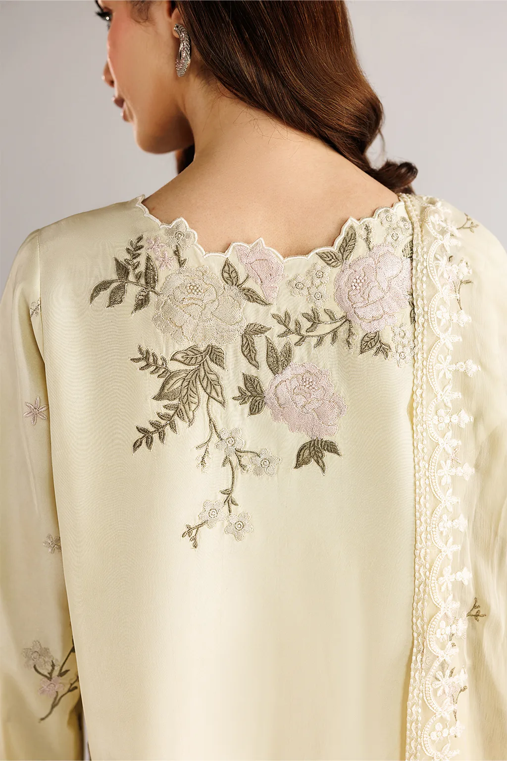Yellow unstitched formal suit with organza‑trimmed shirt, chiffon dupatta and silk trousers – view 6 – Poshaq