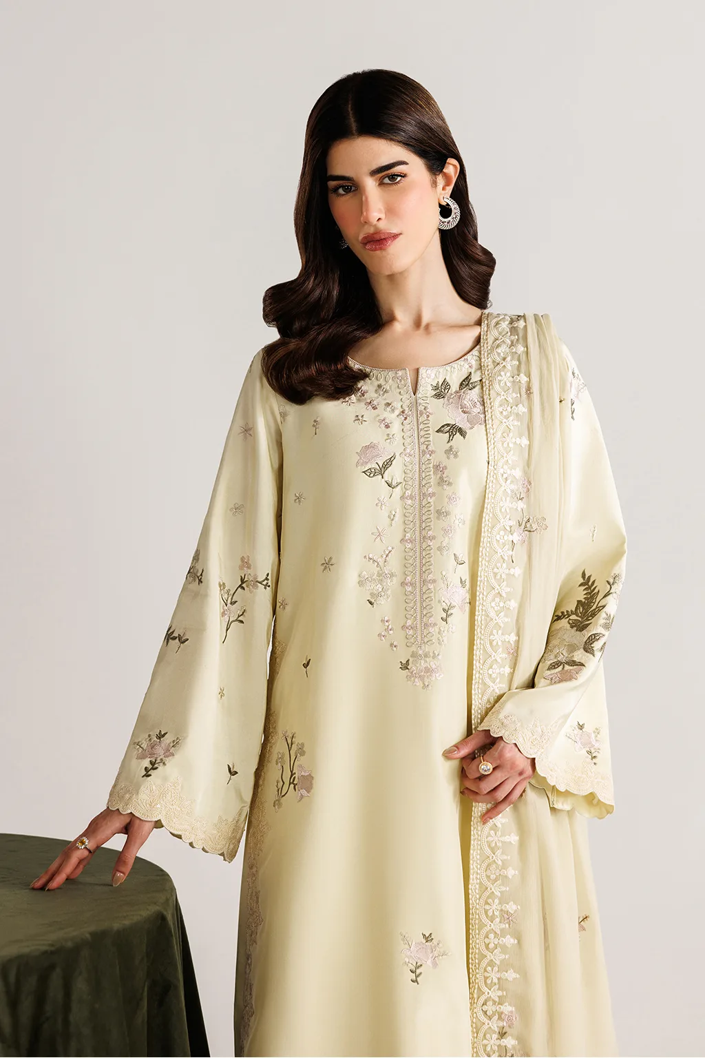 Yellow unstitched formal suit with organza‑trimmed shirt, chiffon dupatta and silk trousers – view 7 – Poshaq