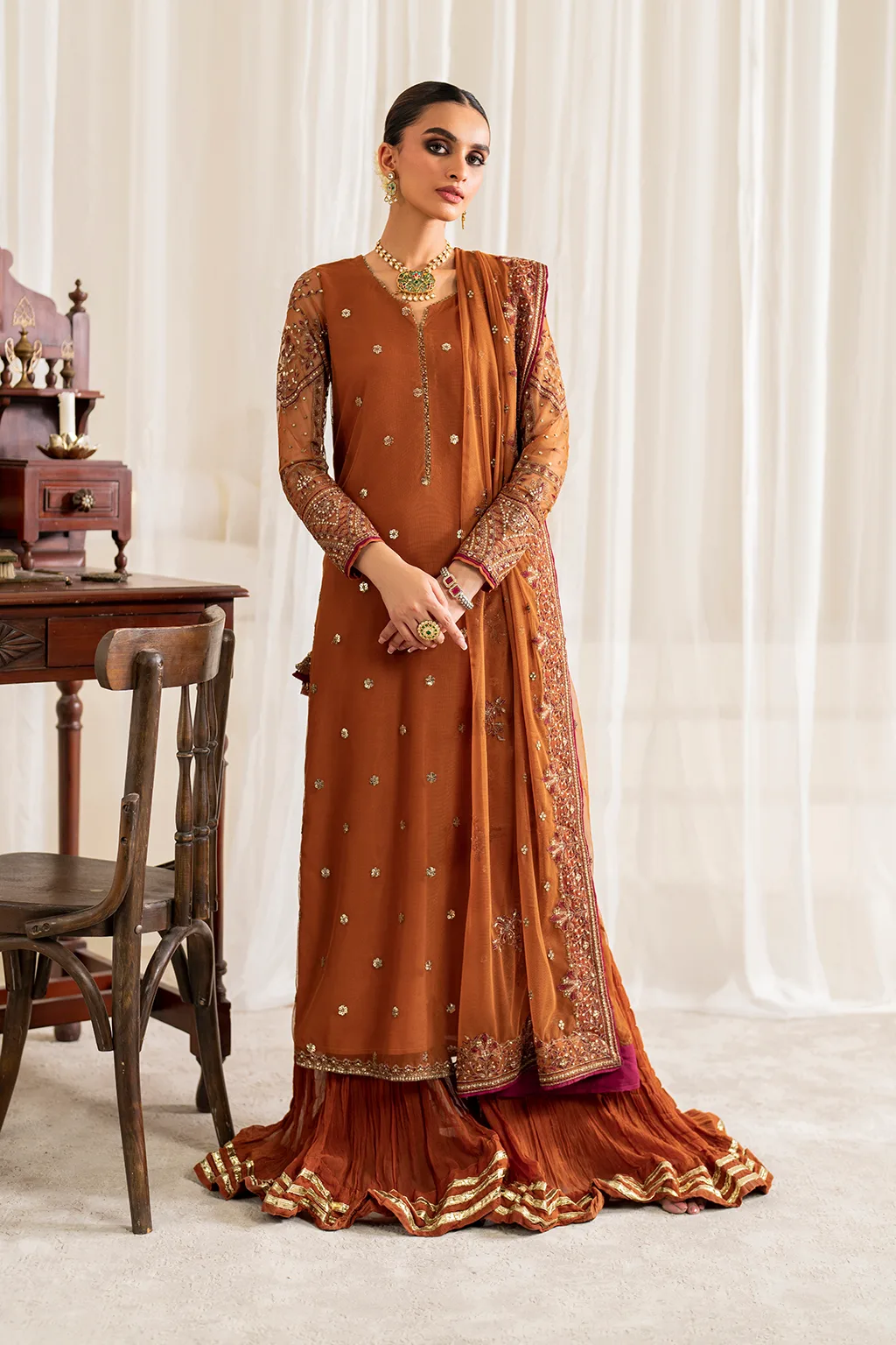 Embroidered net top with raw silk trouser and organza dupatta in natural tones – view 1 – Poshaq