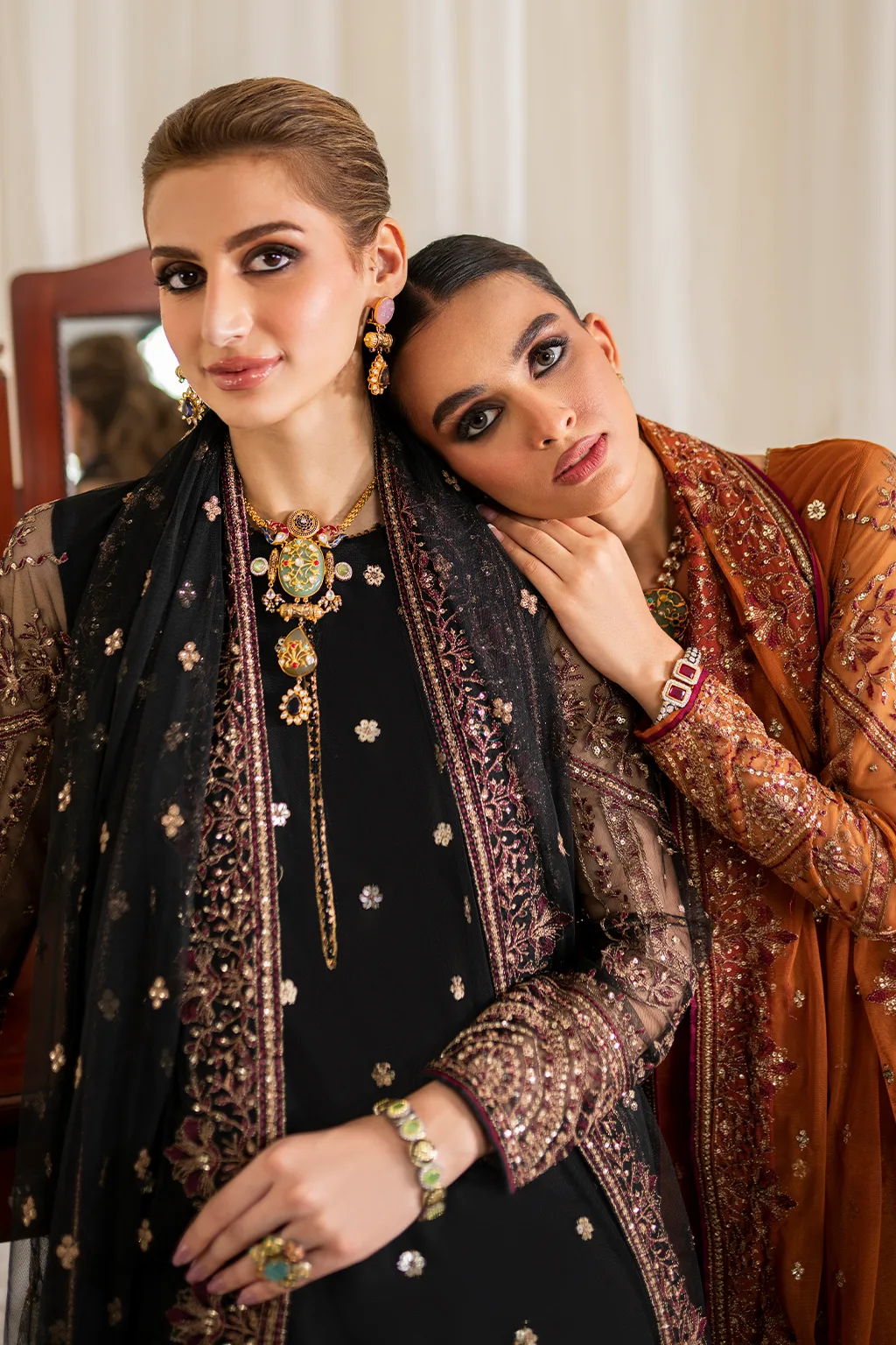 Embroidered net top with raw silk trouser and organza dupatta in natural tones – view 10 – Poshaq