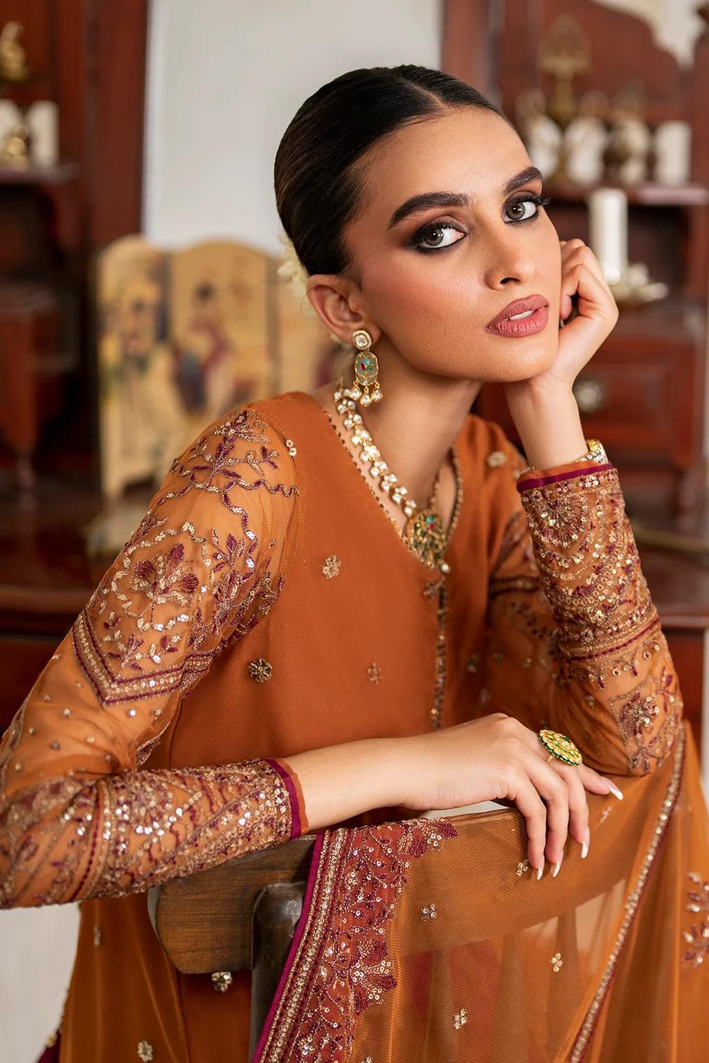 Embroidered net top with raw silk trouser and organza dupatta in natural tones – view 2 – Poshaq