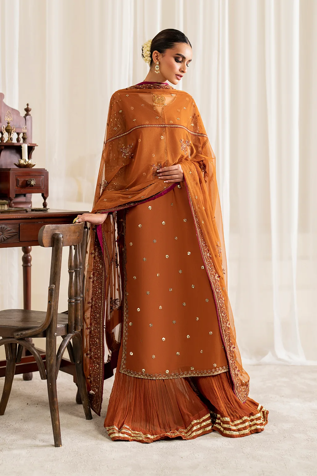 Embroidered net top with raw silk trouser and organza dupatta in natural tones – view 4 – Poshaq