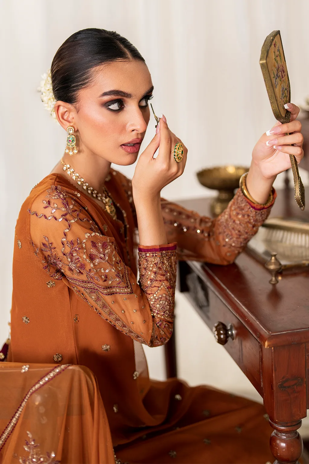 Embroidered net top with raw silk trouser and organza dupatta in natural tones – view 7 – Poshaq