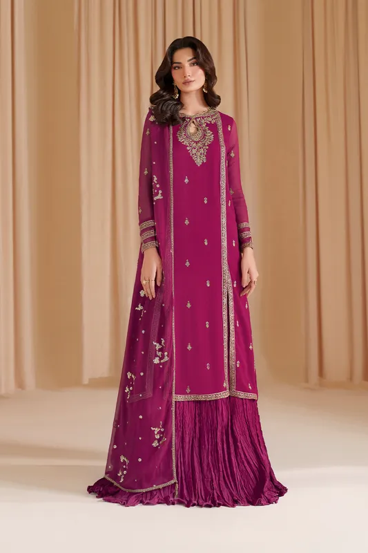 Fuchsia embroidered chiffon shirt with raw silk sharara and organza dupatta – view 1 – Poshaq