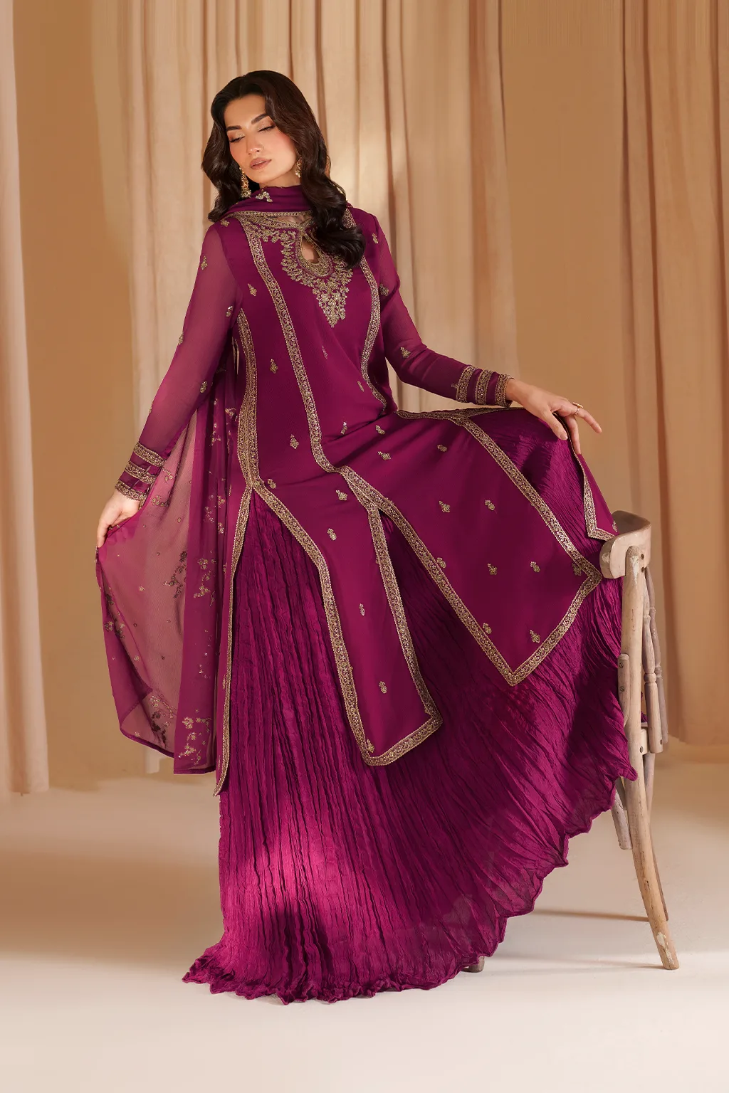 Fuchsia embroidered chiffon shirt with raw silk sharara and organza dupatta – view 10 – Poshaq