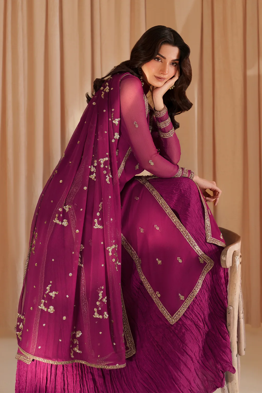 Fuchsia embroidered chiffon shirt with raw silk sharara and organza dupatta – view 11 – Poshaq