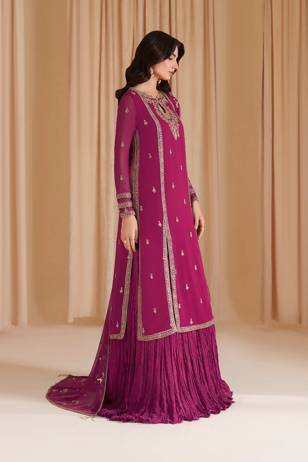 Fuchsia embroidered chiffon shirt with raw silk sharara and organza dupatta – view 2 – Poshaq