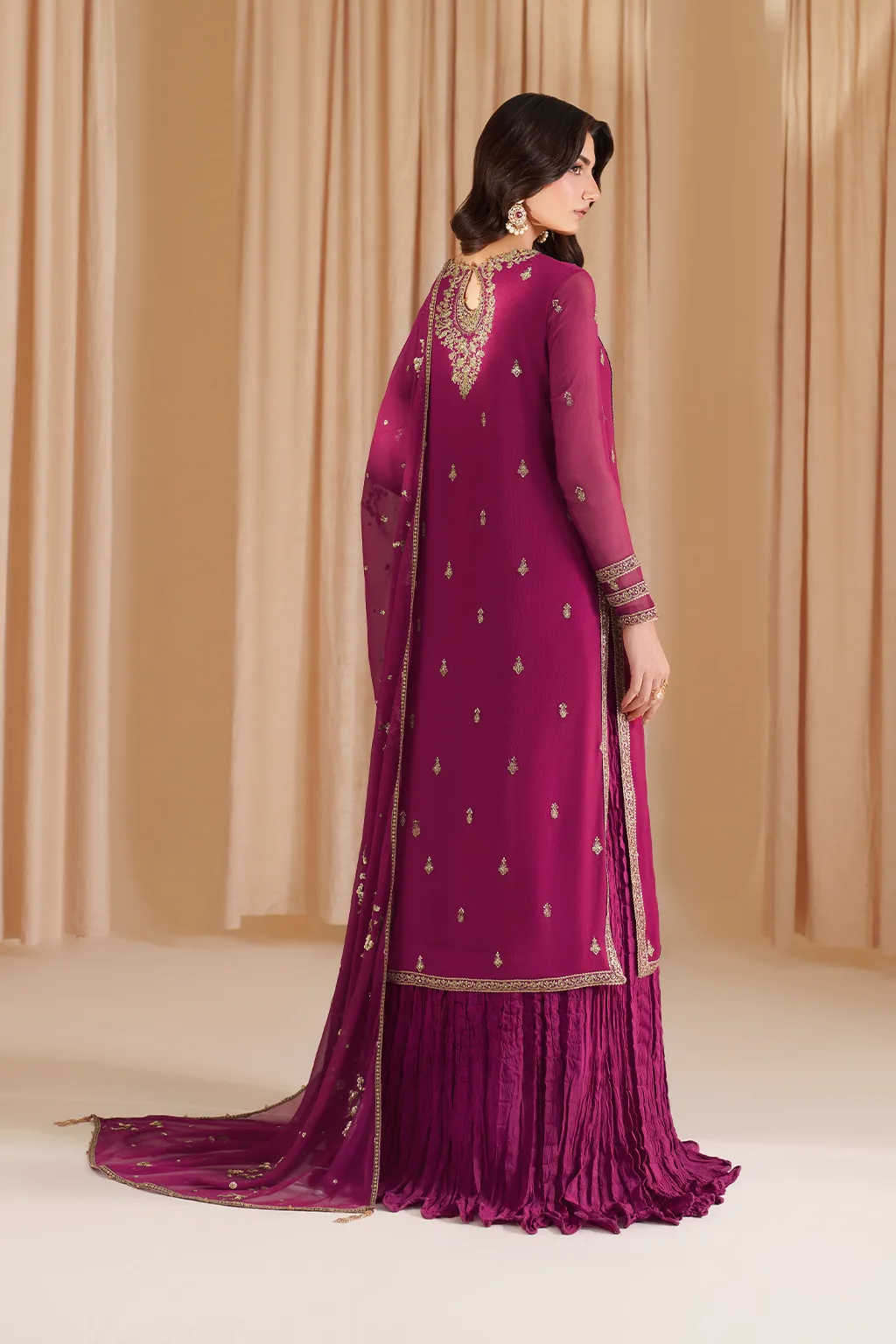 Fuchsia embroidered chiffon shirt with raw silk sharara and organza dupatta – view 3 – Poshaq