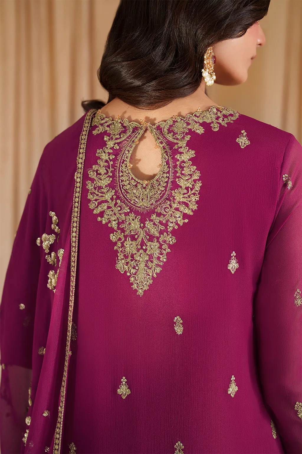 Fuchsia embroidered chiffon shirt with raw silk sharara and organza dupatta – view 4 – Poshaq