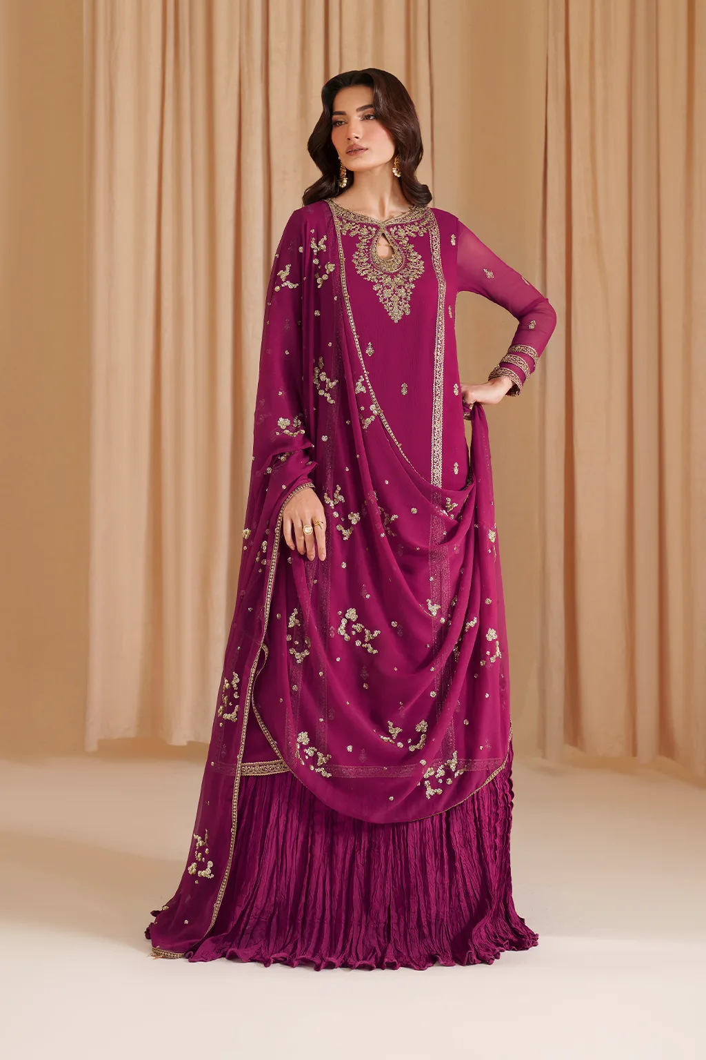 Fuchsia embroidered chiffon shirt with raw silk sharara and organza dupatta – view 5 – Poshaq