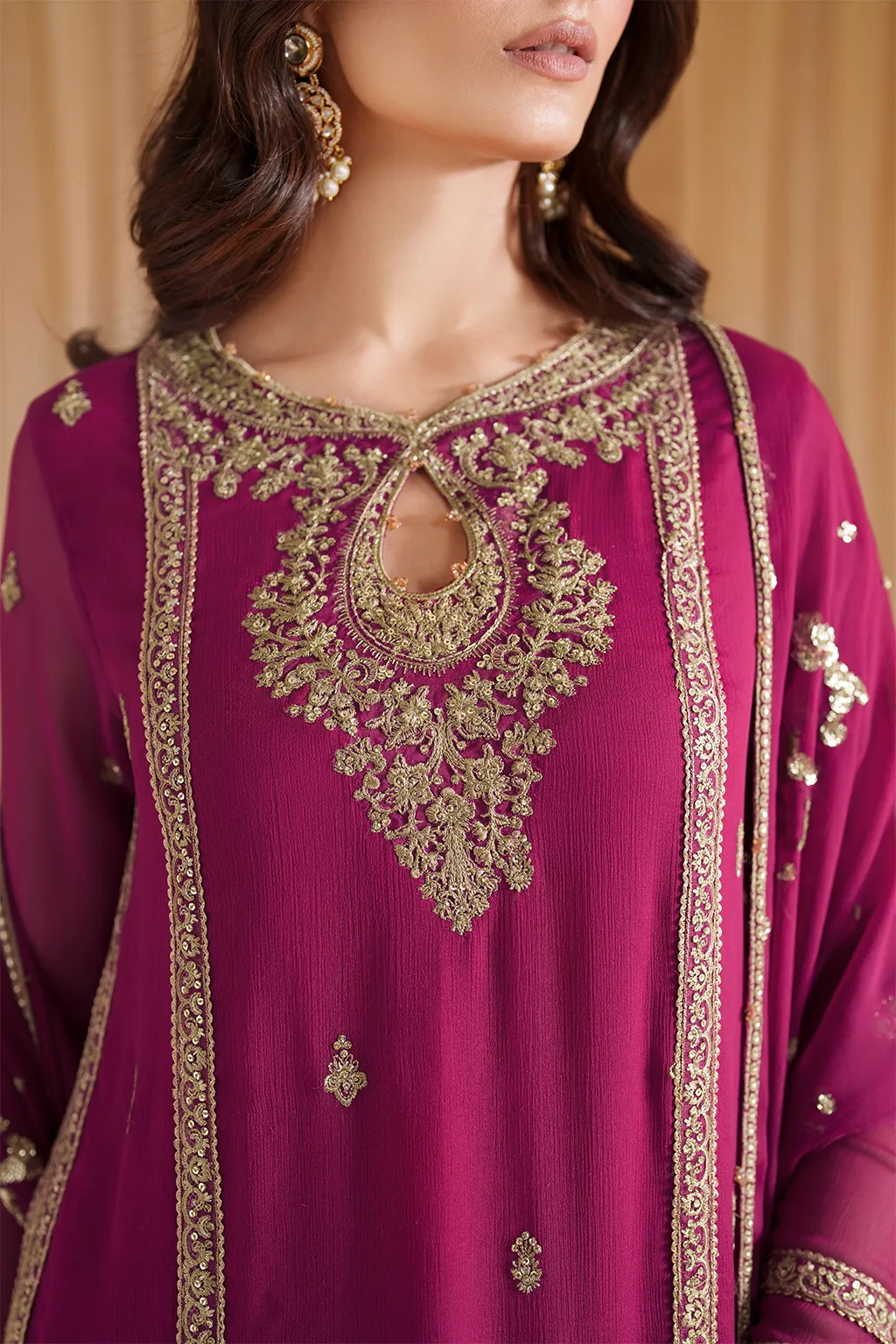 Fuchsia embroidered chiffon shirt with raw silk sharara and organza dupatta – view 6 – Poshaq