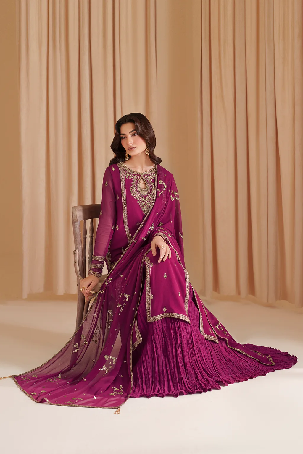 Fuchsia embroidered chiffon shirt with raw silk sharara and organza dupatta – view 7 – Poshaq