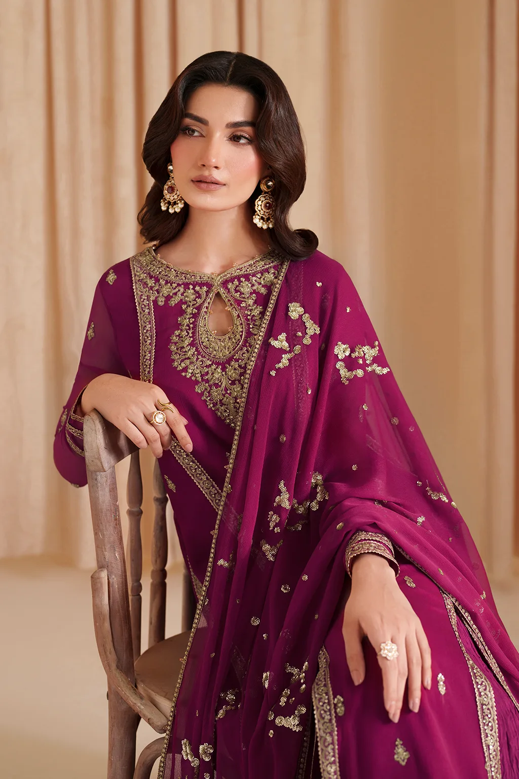 Fuchsia embroidered chiffon shirt with raw silk sharara and organza dupatta – view 8 – Poshaq
