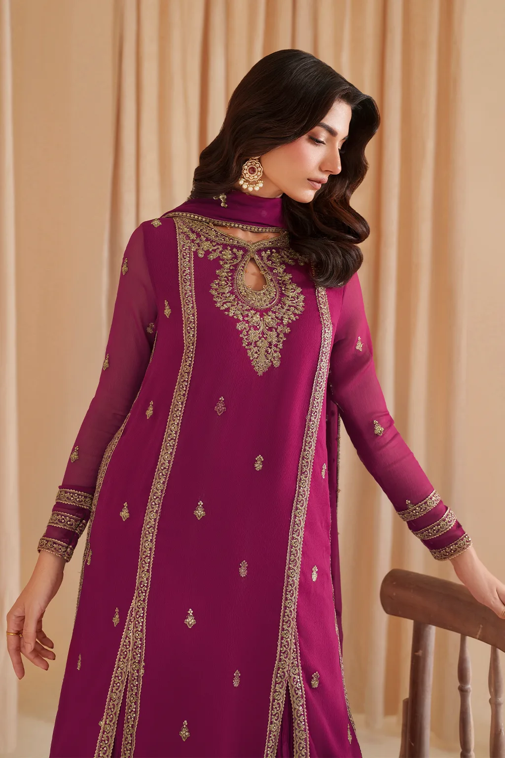 Fuchsia embroidered chiffon shirt with raw silk sharara and organza dupatta – view 9 – Poshaq