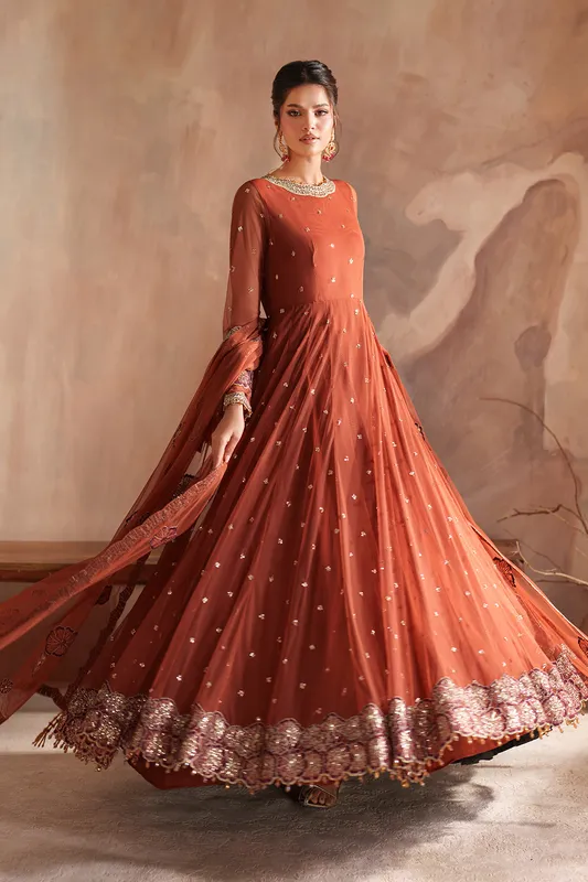 Embroidered net frock with organza lace, matching dupatta and raw silk trouser – view 1 – Poshaq