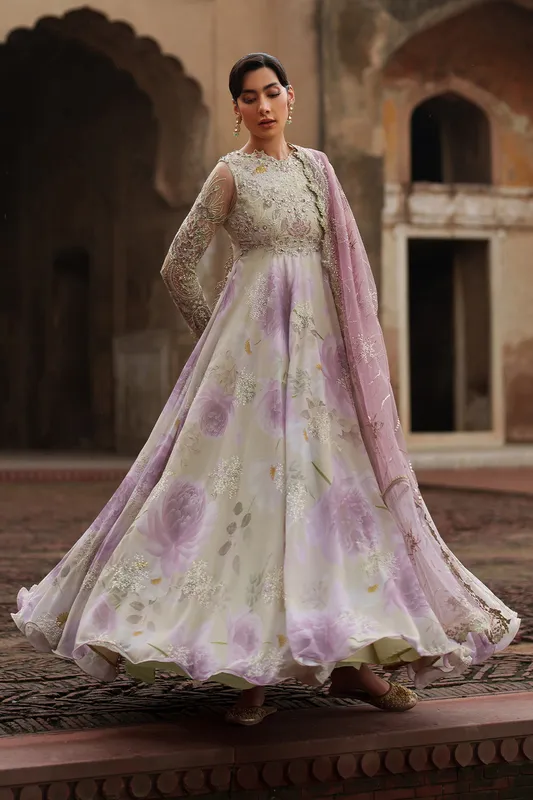 Embroidered chiffon set with organza lace and net detailing – view 1 – Poshaq