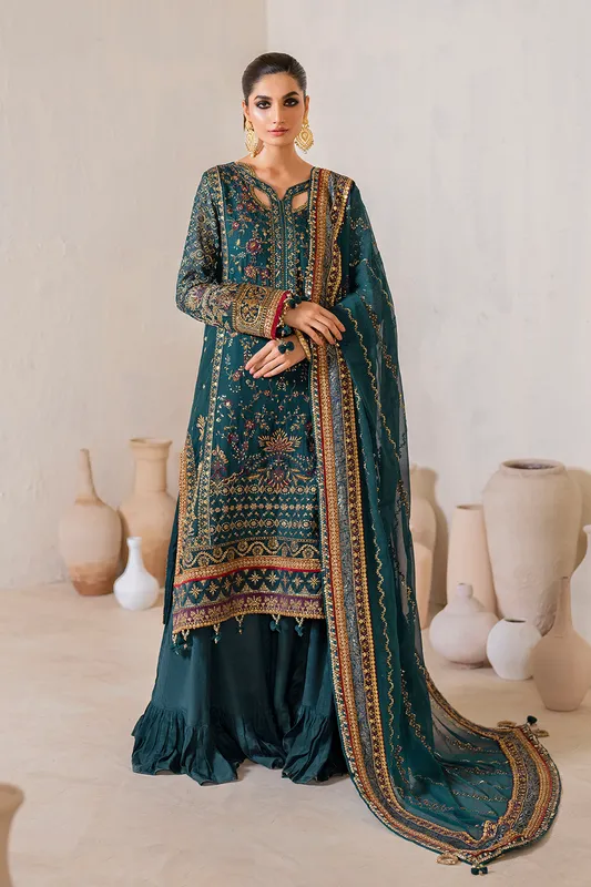 Embroidered chiffon set with raw silk trouser and organza lace accents – view 1 – Poshaq