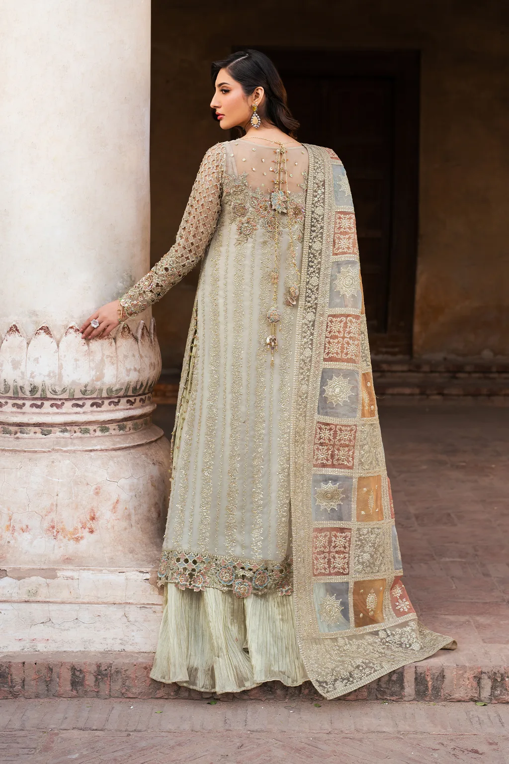 Embroidered chiffon shirt with organza dupatta and masoori trouser in a formal three‑piece suit – view 11 – Poshaq