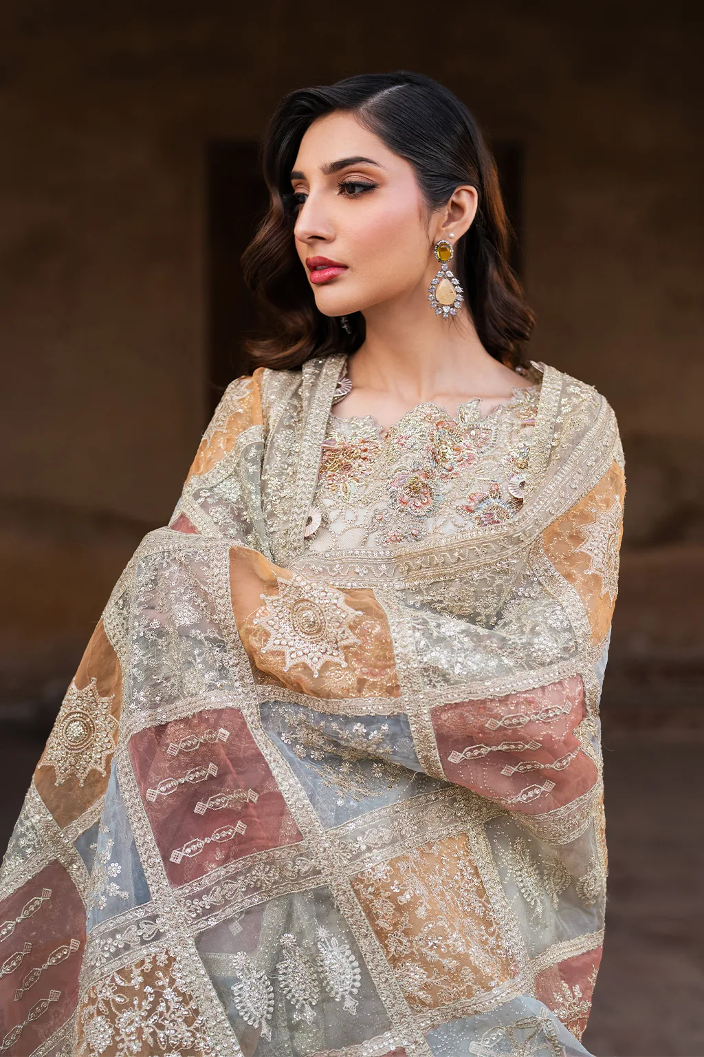 Embroidered chiffon shirt with organza dupatta and masoori trouser in a formal three‑piece suit – view 12 – Poshaq