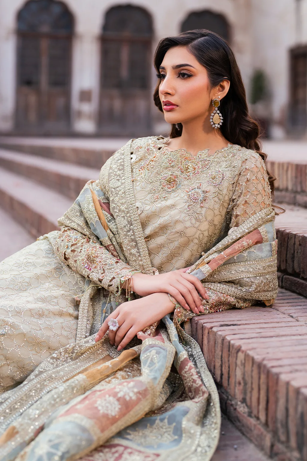 Embroidered chiffon shirt with organza dupatta and masoori trouser in a formal three‑piece suit – view 13 – Poshaq