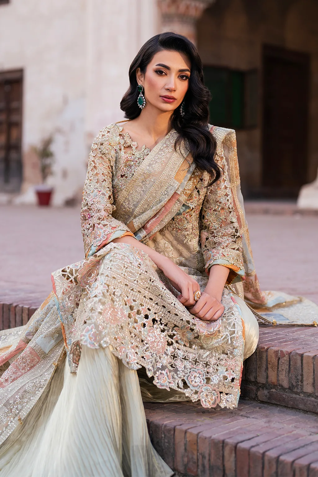 Embroidered chiffon shirt with organza dupatta and masoori trouser in a formal three‑piece suit – view 15 – Poshaq