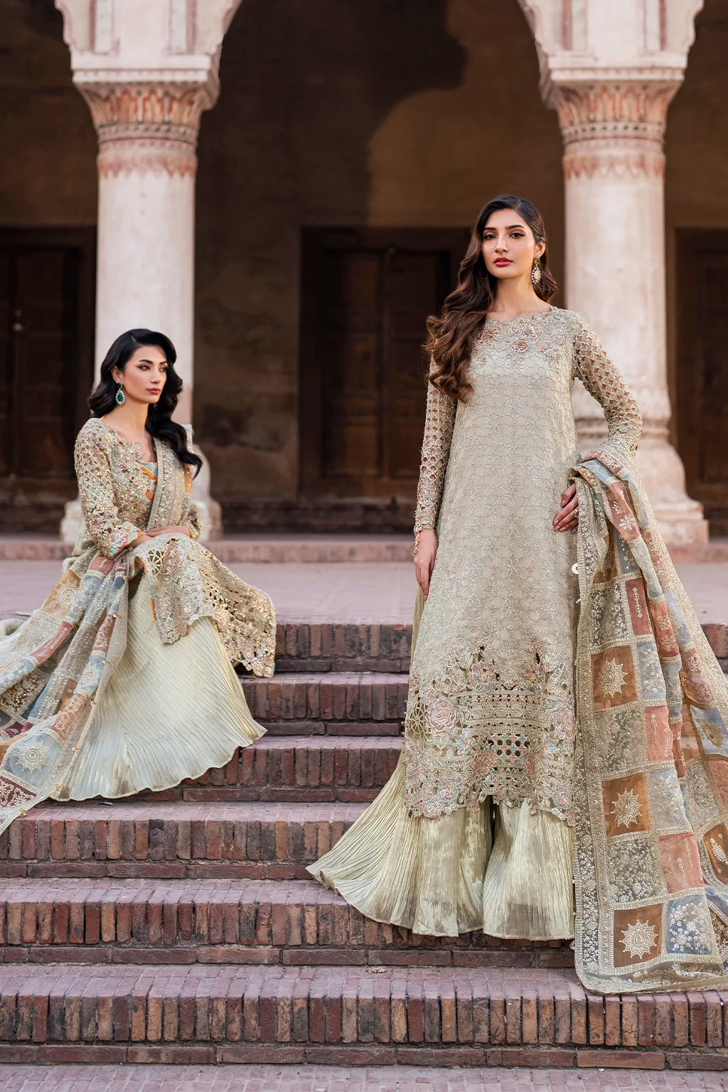 Embroidered chiffon shirt with organza dupatta and masoori trouser in a formal three‑piece suit – view 16 – Poshaq