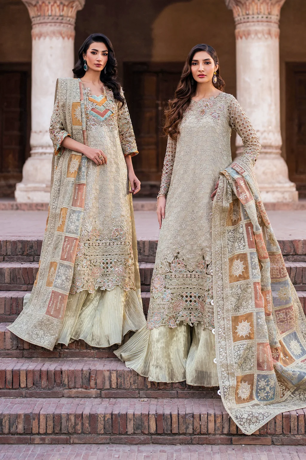Embroidered chiffon shirt with organza dupatta and masoori trouser in a formal three‑piece suit – view 17 – Poshaq
