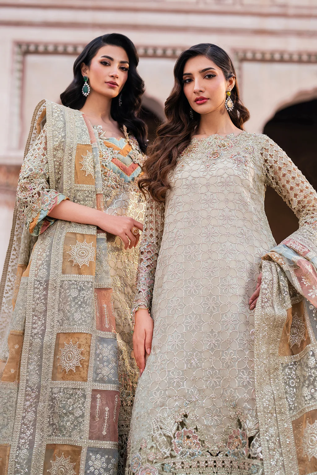 Embroidered chiffon shirt with organza dupatta and masoori trouser in a formal three‑piece suit – view 18 – Poshaq
