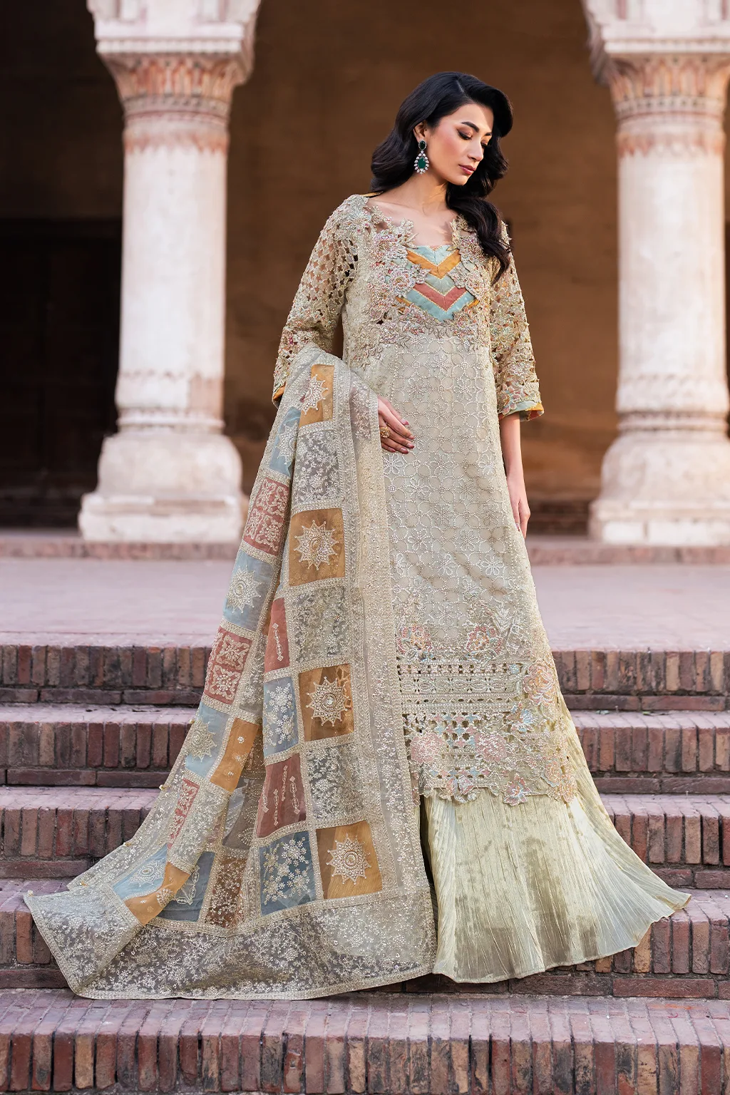 Embroidered chiffon shirt with organza dupatta and masoori trouser in a formal three‑piece suit – view 19 – Poshaq
