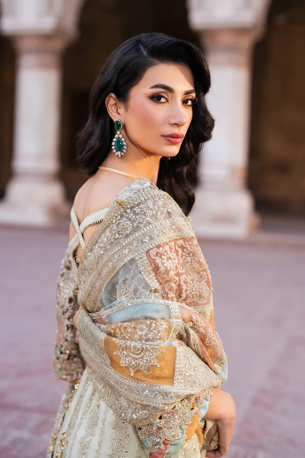 Embroidered chiffon shirt with organza dupatta and masoori trouser in a formal three‑piece suit – view 21 – Poshaq