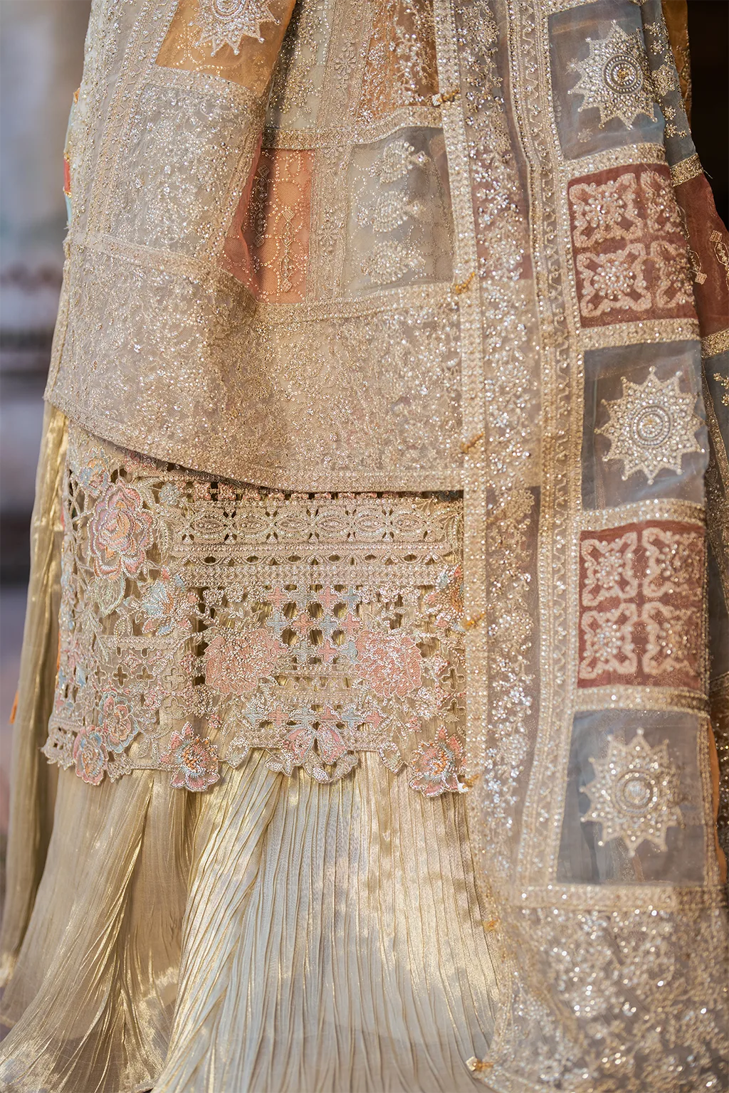 Embroidered chiffon shirt with organza dupatta and masoori trouser in a formal three‑piece suit – view 22 – Poshaq