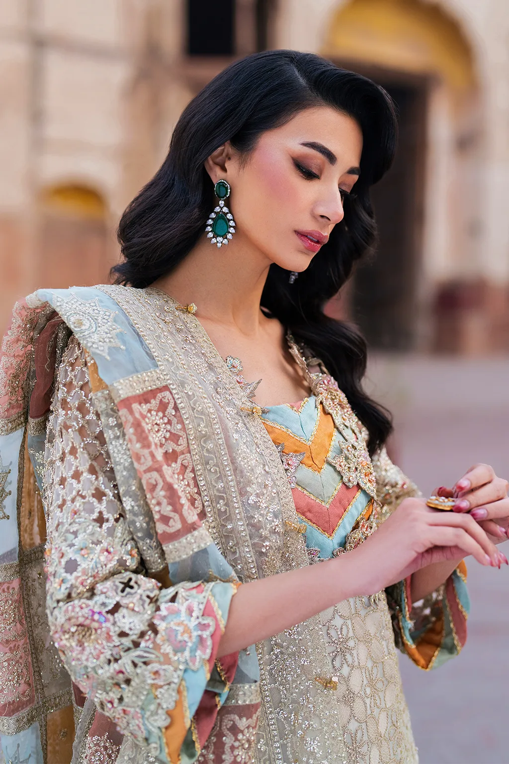 Embroidered chiffon shirt with organza dupatta and masoori trouser in a formal three‑piece suit – view 23 – Poshaq