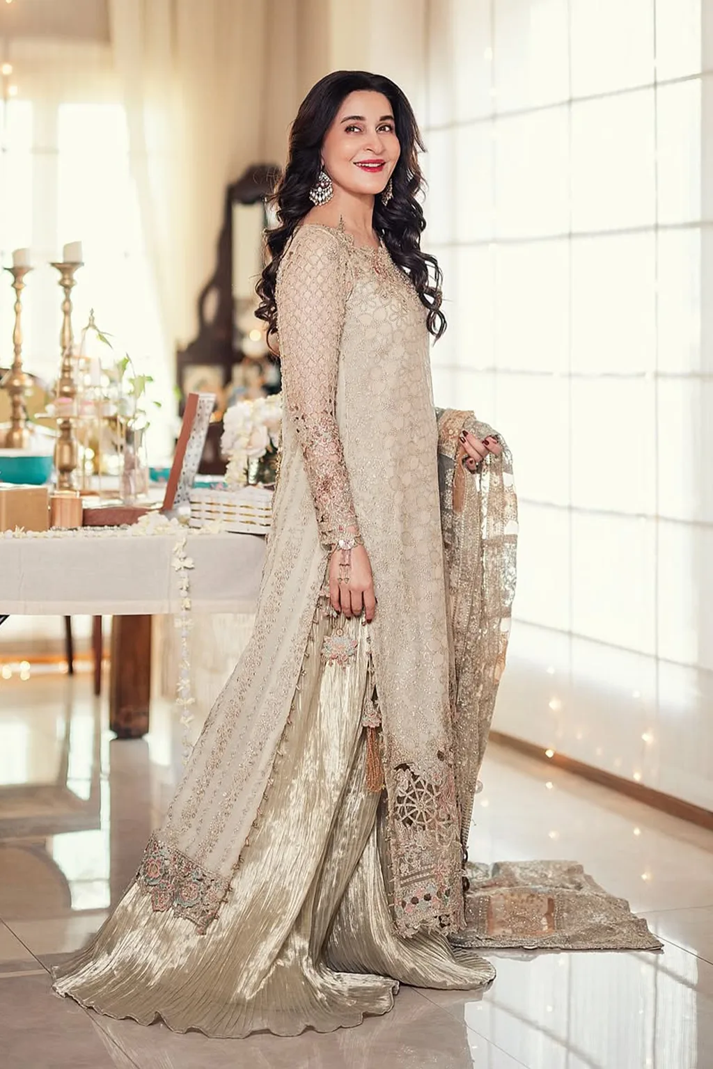 Embroidered chiffon shirt with organza dupatta and masoori trouser in a formal three‑piece suit – view 24 – Poshaq
